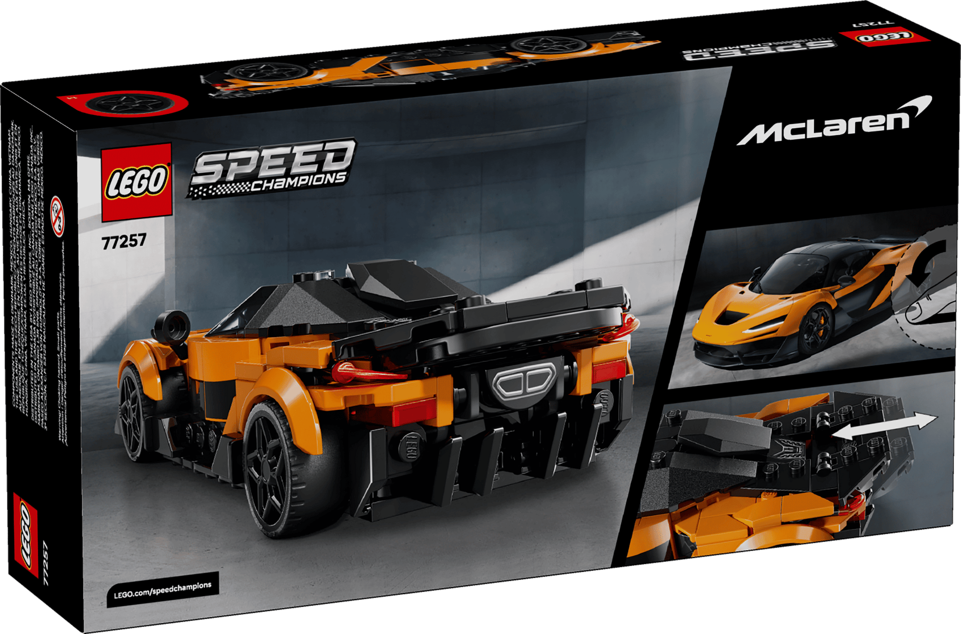 The Legos - Toyhouse LEGO® Speed Champions McLaren W1 set box features a race car toy next to the real McLaren W1 and a close-up of building instructions, all set against a sleek black background.