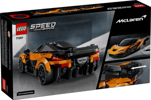 The Legos - Toyhouse LEGO® Speed Champions McLaren W1 set box features a race car toy next to the real McLaren W1 and a close-up of building instructions, all set against a sleek black background.