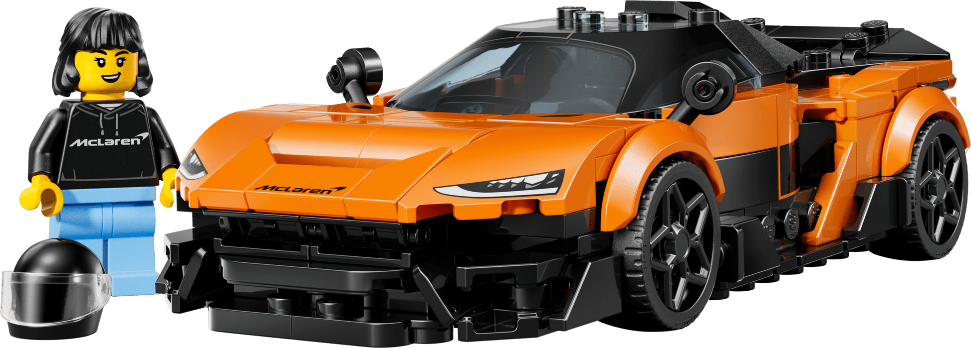 The Legos - Toyhouse LEGO® Speed Champions McLaren W1 set includes an orange race car toy, a smiling minifigure in a McLaren shirt, and a sleek black racing helmet.