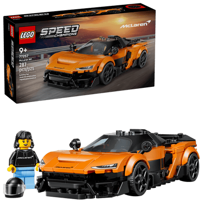 Legos - Toyhouse LEGO® Speed Champions McLaren W1 car toy features an orange and black design, includes a minifigure, and comes with a product box displaying age and piece count.