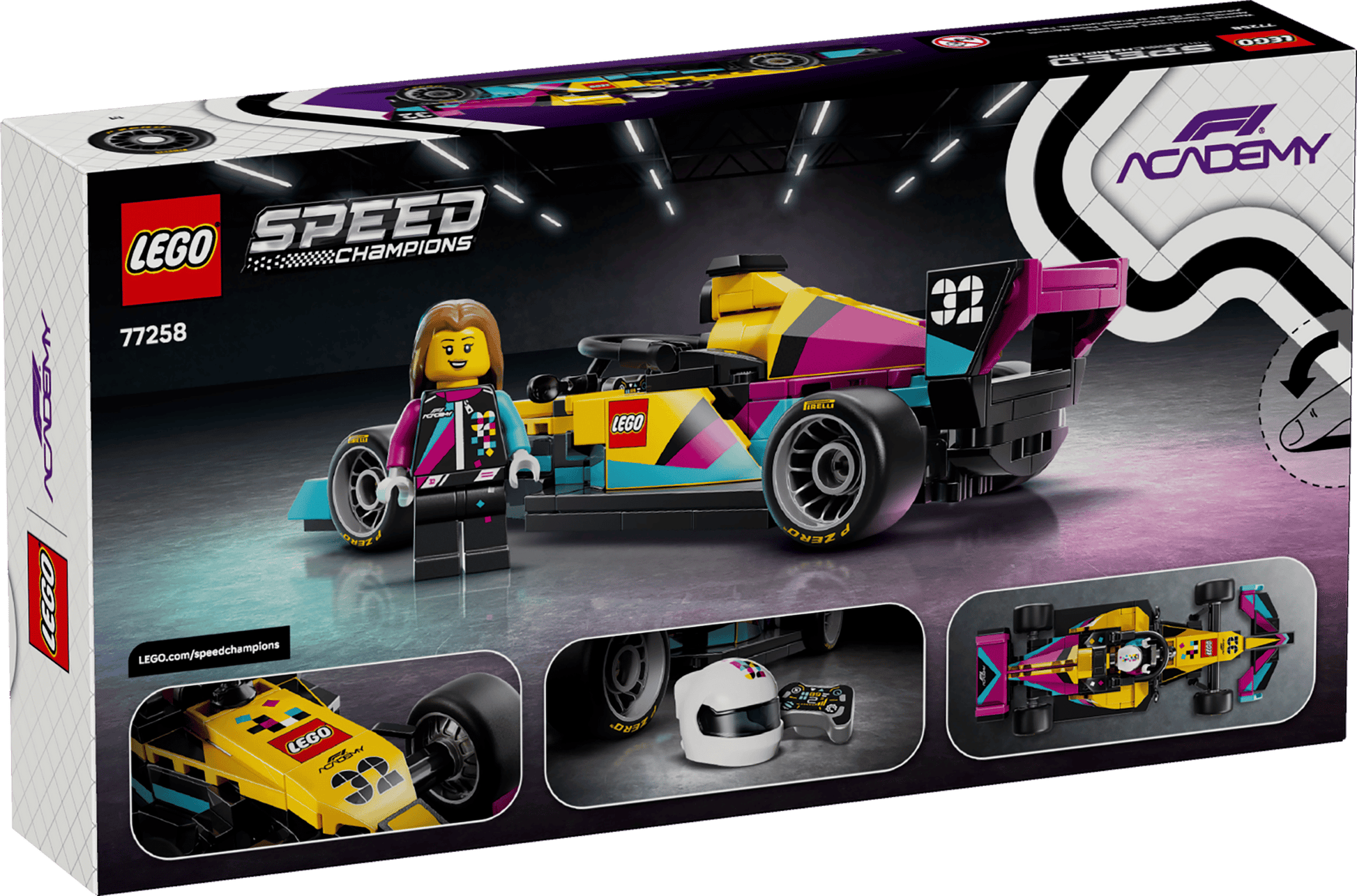 The Legos - Toyhouse LEGO® Speed Champions F1 ACADEMY™ LEGO® Race Car set includes a vibrant race car, a minifigure with long hair, and exciting accessories, displayed under studio lighting on the packaging.