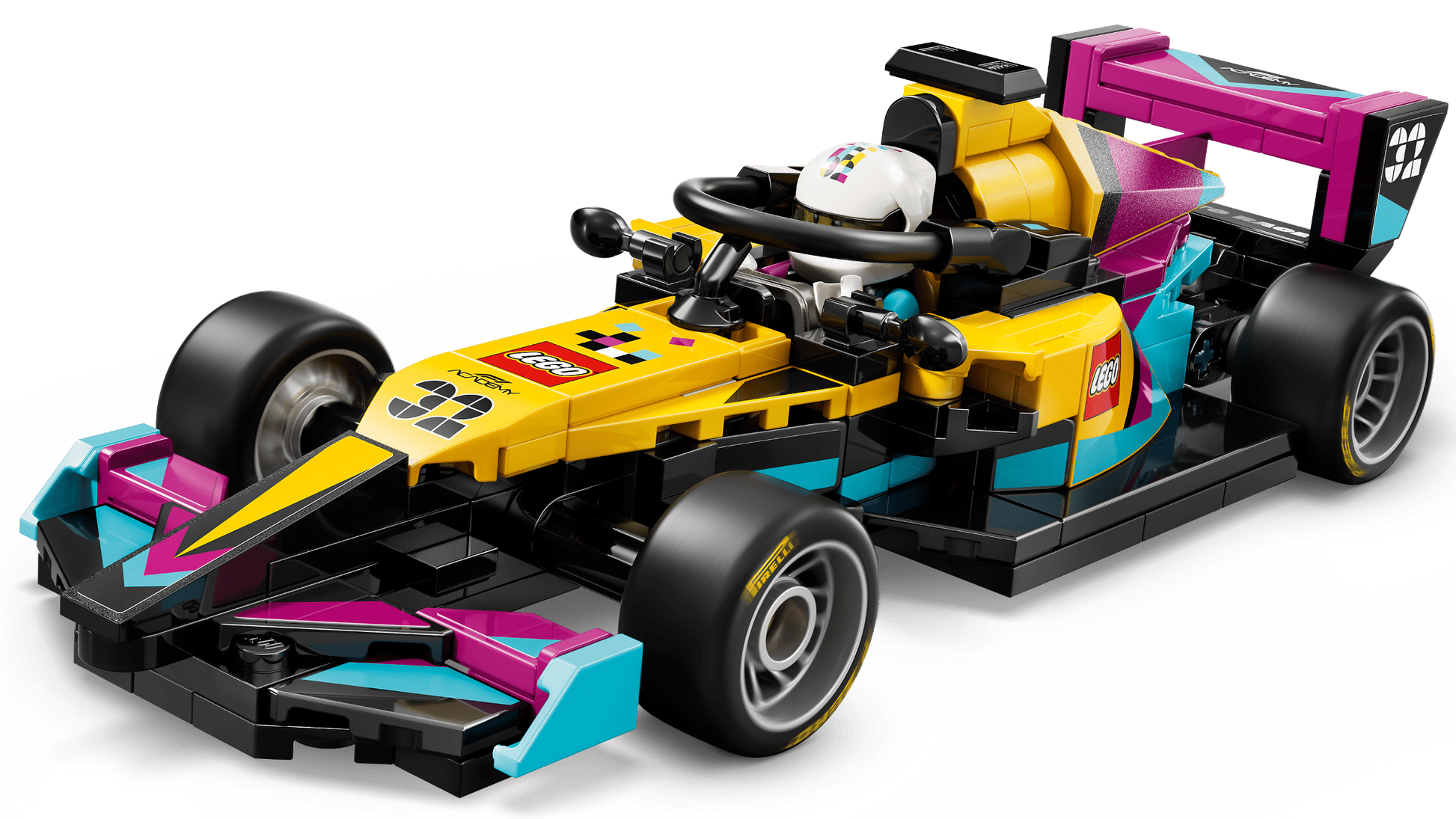 The Legos - Toyhouse LEGO® Speed Champions F1 ACADEMY™ LEGO® Race Car features a vibrant yellow, black, teal, and magenta design with a driver minifigure—ideal for F1 ACADEMY fans.