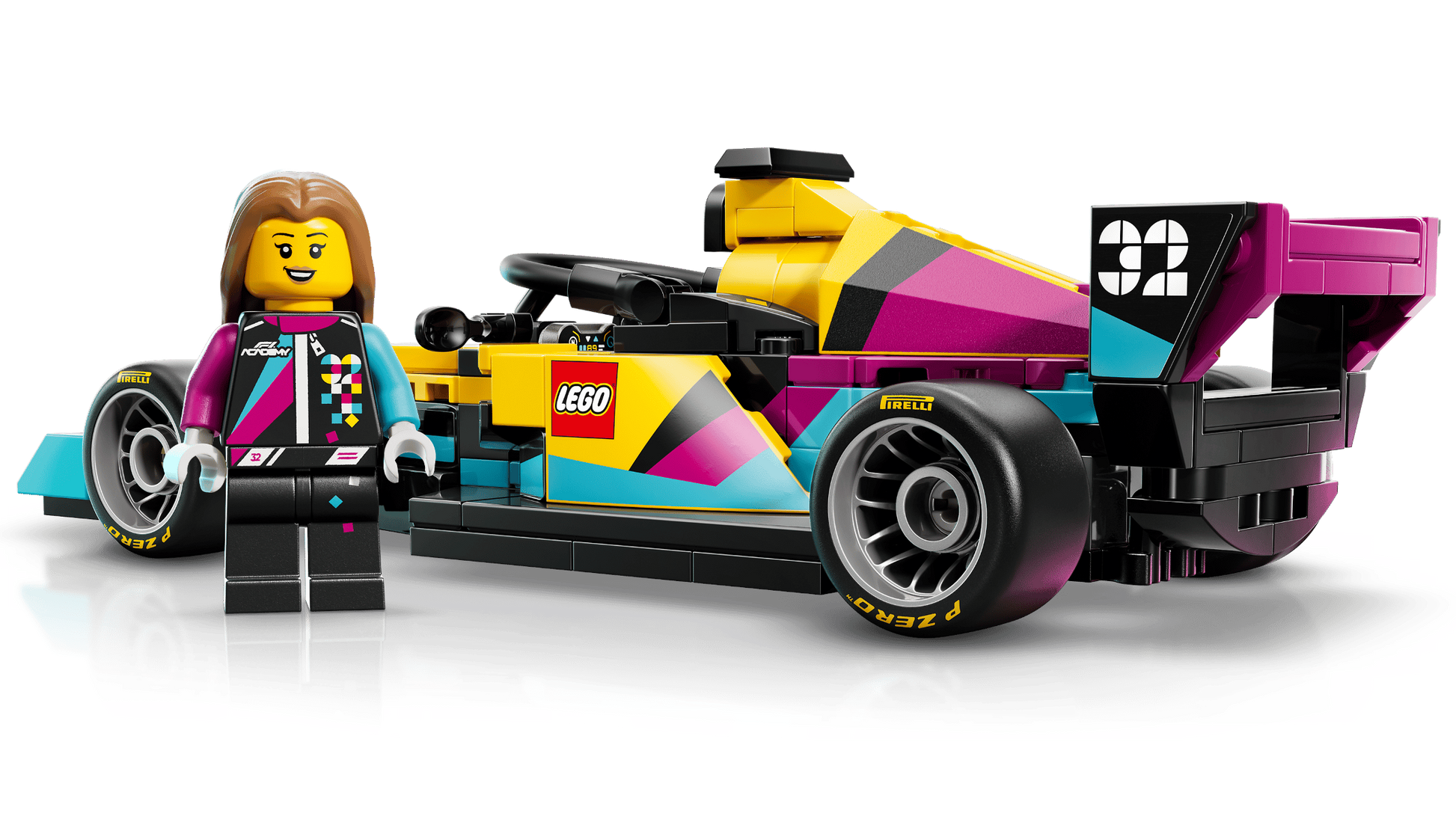 The LEGO® Speed Champions F1 ACADEMY™ LEGO® Race Car by Legos - Toyhouse features vibrant geometric patterns and includes a matching minifigure, ready for high-speed action on the F1 ACADEMY track.