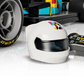 A close-up of a Legos - Toyhouse LEGO® Speed Champions F1 ACADEMY™ LEGO® Race Car toy’s wheel, a white helmet with colorful graphics, and a small remote control on a white surface.
