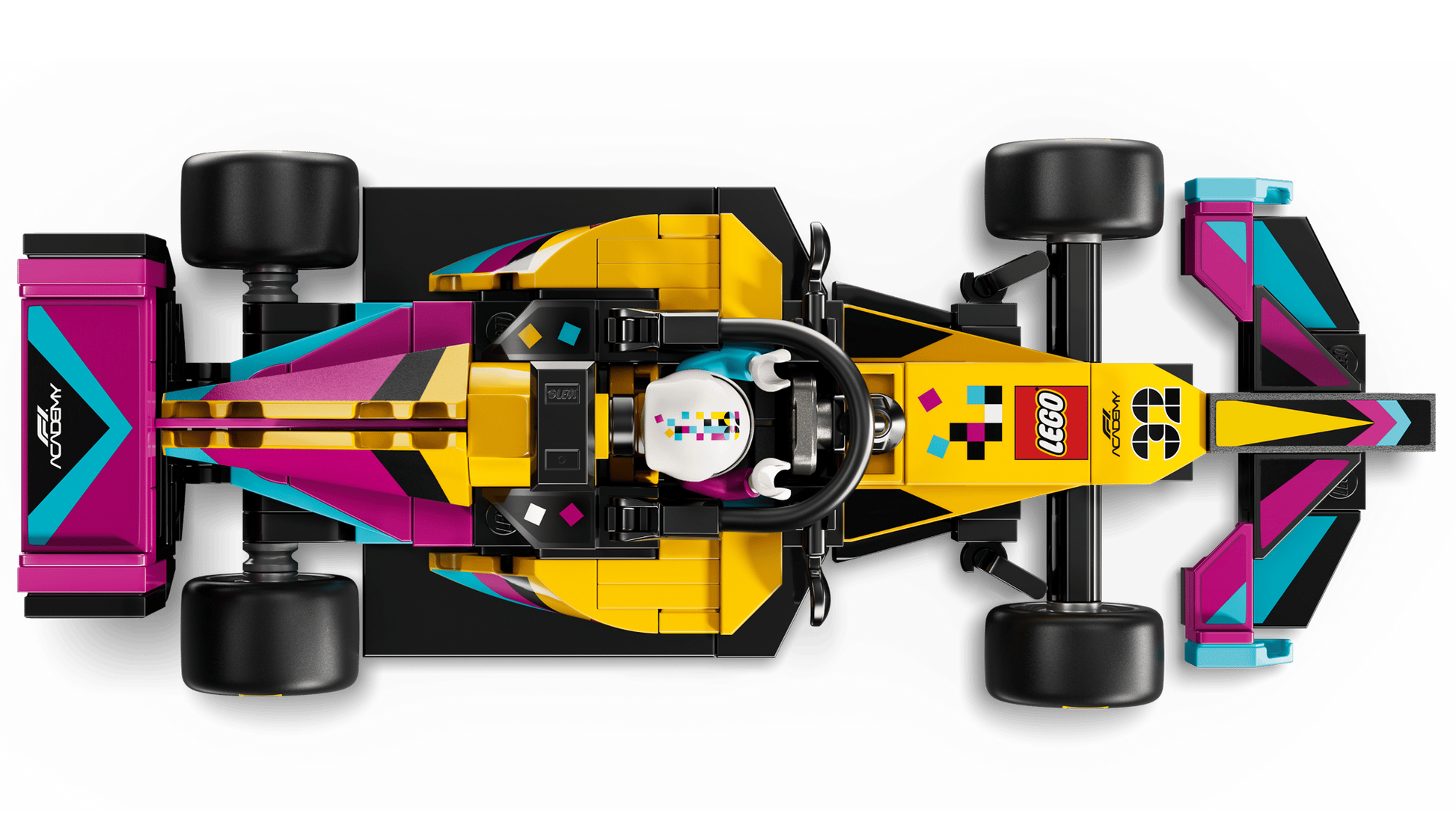 Top-down view of the LEGO® Speed Champions F1 ACADEMY™ LEGO® Race Car by Legos - Toyhouse, featuring a driver in a white helmet and vibrant yellow, pink, black, and blue geometric F1-inspired designs.