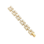 The Pathway Link Bracelet by Juliska Capucine De Wulf features rectangular white inlaid links in a striking pattern—an elegant hammered gold geometric bracelet with modern appeal, displayed on a white background.