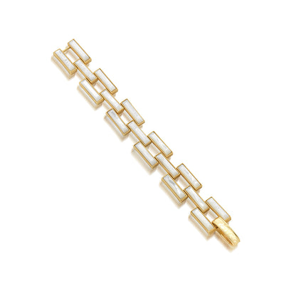The Pathway Link Bracelet by Juliska Capucine De Wulf features rectangular white inlaid links in a striking pattern—an elegant hammered gold geometric bracelet with modern appeal, displayed on a white background.