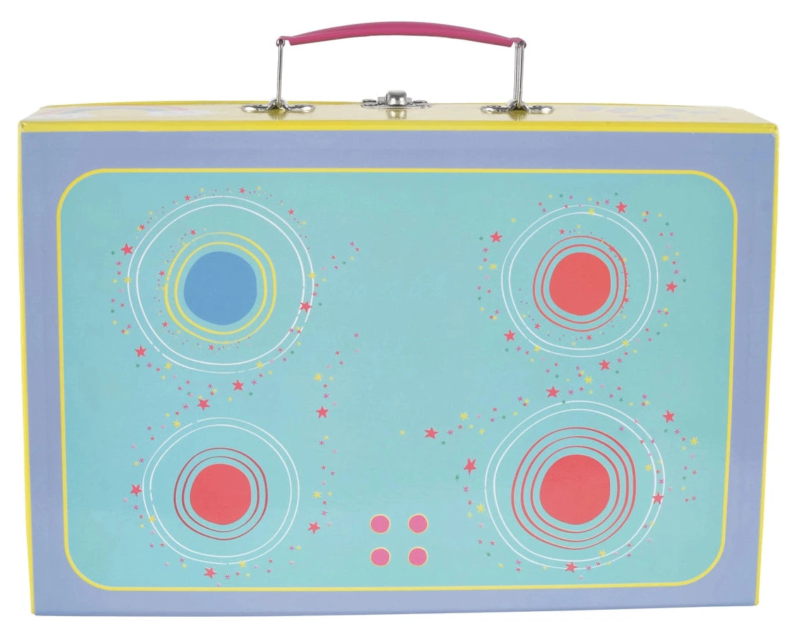 A rectangular Musical Kitchen Set 12 Piece - Rainbow Fairy by Floss and Rock, featuring a teal surface, four illustrated burners, a pink handle, and decorative star patterns is shown from the front—perfect for imaginative play and a charming addition to any Rainbow Fairy Tea Set.