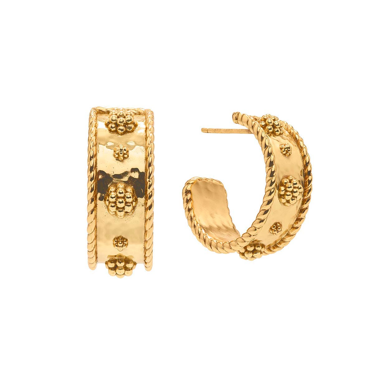 The Juliska Capucine De Wulf Berry Classic Small Hoop Earrings feature a gold-tone finish with textured floral and rope accents, shown from front and side views against a white background.