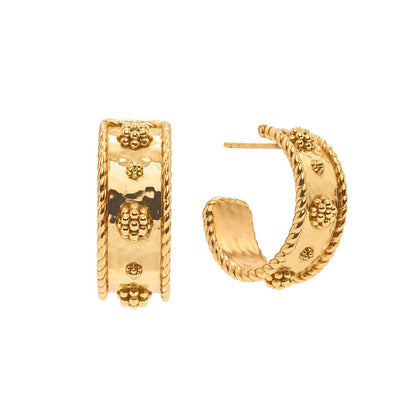 The Juliska Capucine De Wulf Berry Classic Small Hoop Earrings feature a gold-tone finish with textured floral and rope accents, shown from front and side views against a white background.
