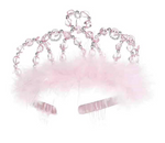 The Great Pretenders Pink Princess Tiara is a ribbon-wrapped, pink plastic tiara adorned with pink beads and feathers, and features attached combs to secure it in hair.
