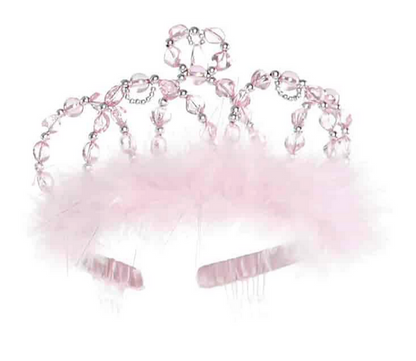 The Great Pretenders Pink Princess Tiara is a ribbon-wrapped, pink plastic tiara adorned with pink beads and feathers, and features attached combs to secure it in hair.