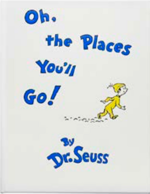 The "Oh the Places You'll Go! Leather Book" by Graphic Image, with its leather-bound cover, makes an ideal gift, showcasing a character in yellow joyfully embarking on new adventures.