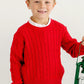 Young boy with blonde hair wears The Beaufort Bonnet Company’s Baby and Kids' Crawford Crewneck in Richmond Red and checkered shorts, standing and holding a green lantern—a classic, timeless look.