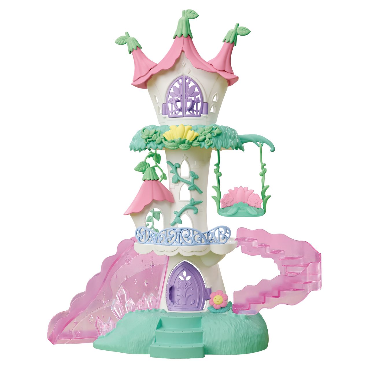 The Calico Critters Fairytale Tower is a pastel-colored dollhouse featuring pink roofs, a swing, slide, stairs, and decorative vines. It comes with flower-themed furniture and is designed for small dolls—perfect for inspiring magical adventures.