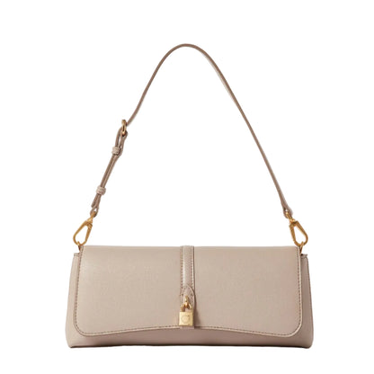 The Ryder Pouchette Shoulder Bag by Stella McCartney is a beige, rectangular luxury vegan bag featuring gold hardware, an adjustable strap, and a small gold padlock accent on the front flap, set against a white background.