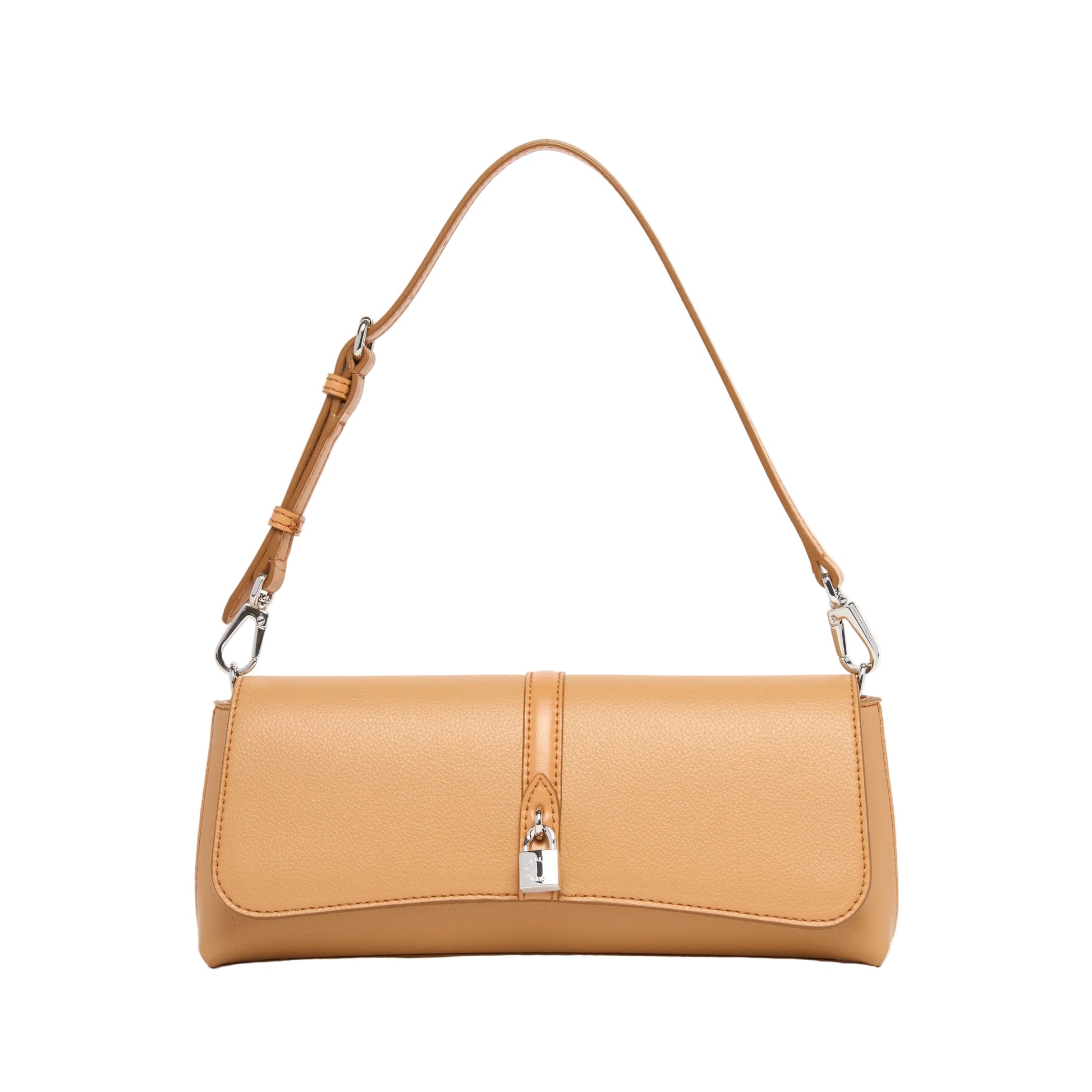 The Stella McCartney Ryder Pouchette Shoulder Bag is a tan vegan bag featuring a top handle, silver hardware, and a front clasp closure, shown on a white background.