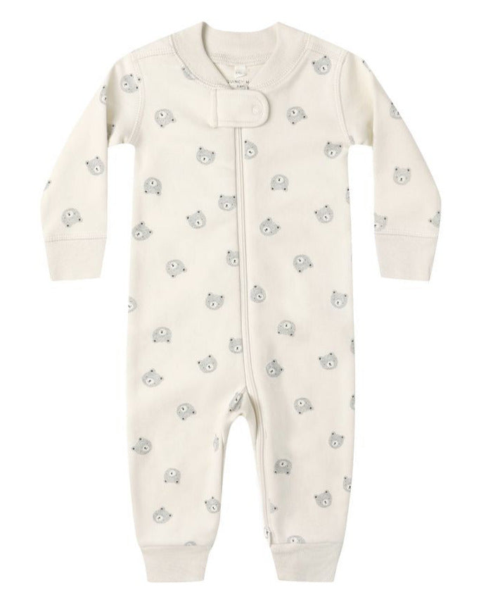The Quincy Mae Baby Long Sleeve Zip Sleeper is a cream-colored onesie with a bear face pattern and zip closure, keeping your little one snug and stylish all day.