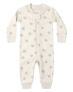 The Quincy Mae Baby Long Sleeve Zip Sleeper is a cream-colored onesie with a bear face pattern and zip closure, keeping your little one snug and stylish all day.