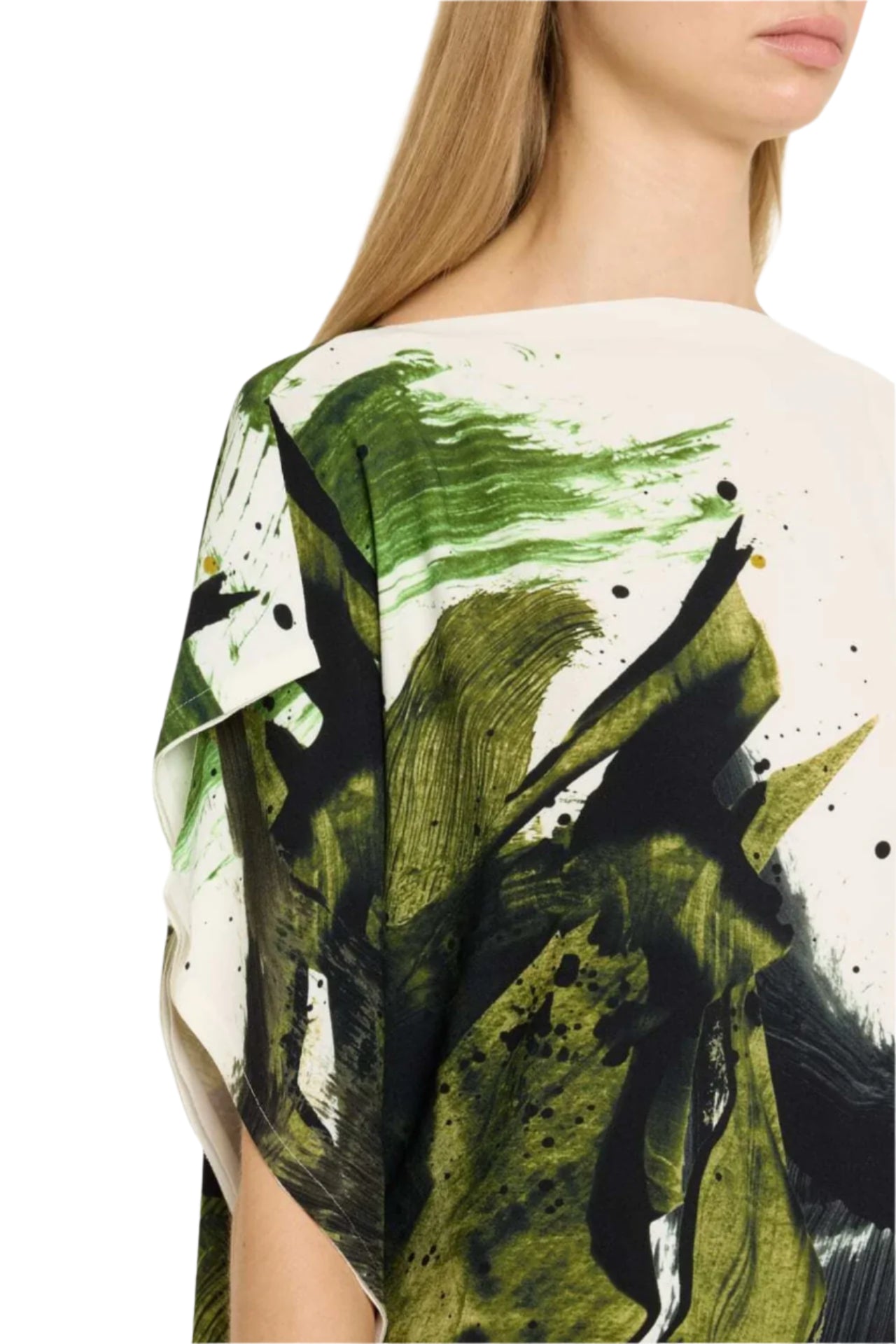 A person with long hair wears a Jason Wu Collection Asymmetrical Printed Crepe Boatneck Top with an abstract green and black brushstroke design.