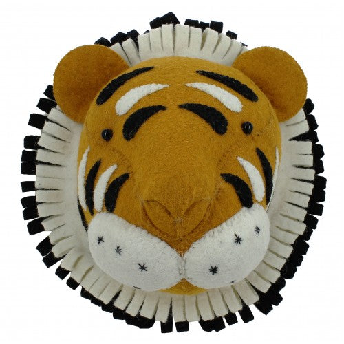 Introducing the Fiona Walker Tiger Head Wall Decoration, crafted by Fiona Walker, this piece showcases a felt tiger head with a round face, adorned with black stripes and an eye-catching double ruff fashioned from fringed black and white felt strips.