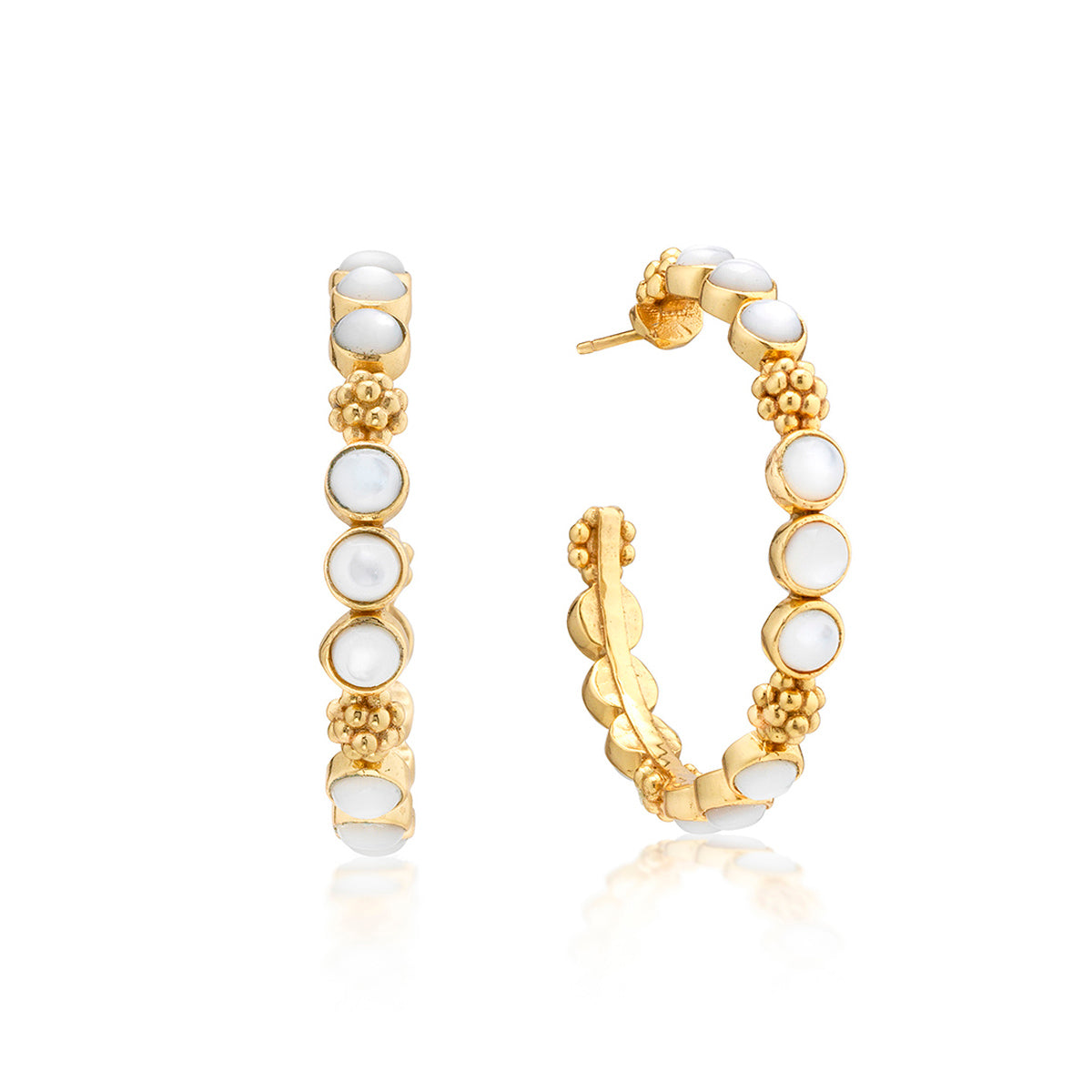 The Berry Gem Medium Hoop Earrings by Juliska Capucine De Wulf feature classic hoops with circular white stone inlays and delicate floral accents, displayed elegantly against a white background.