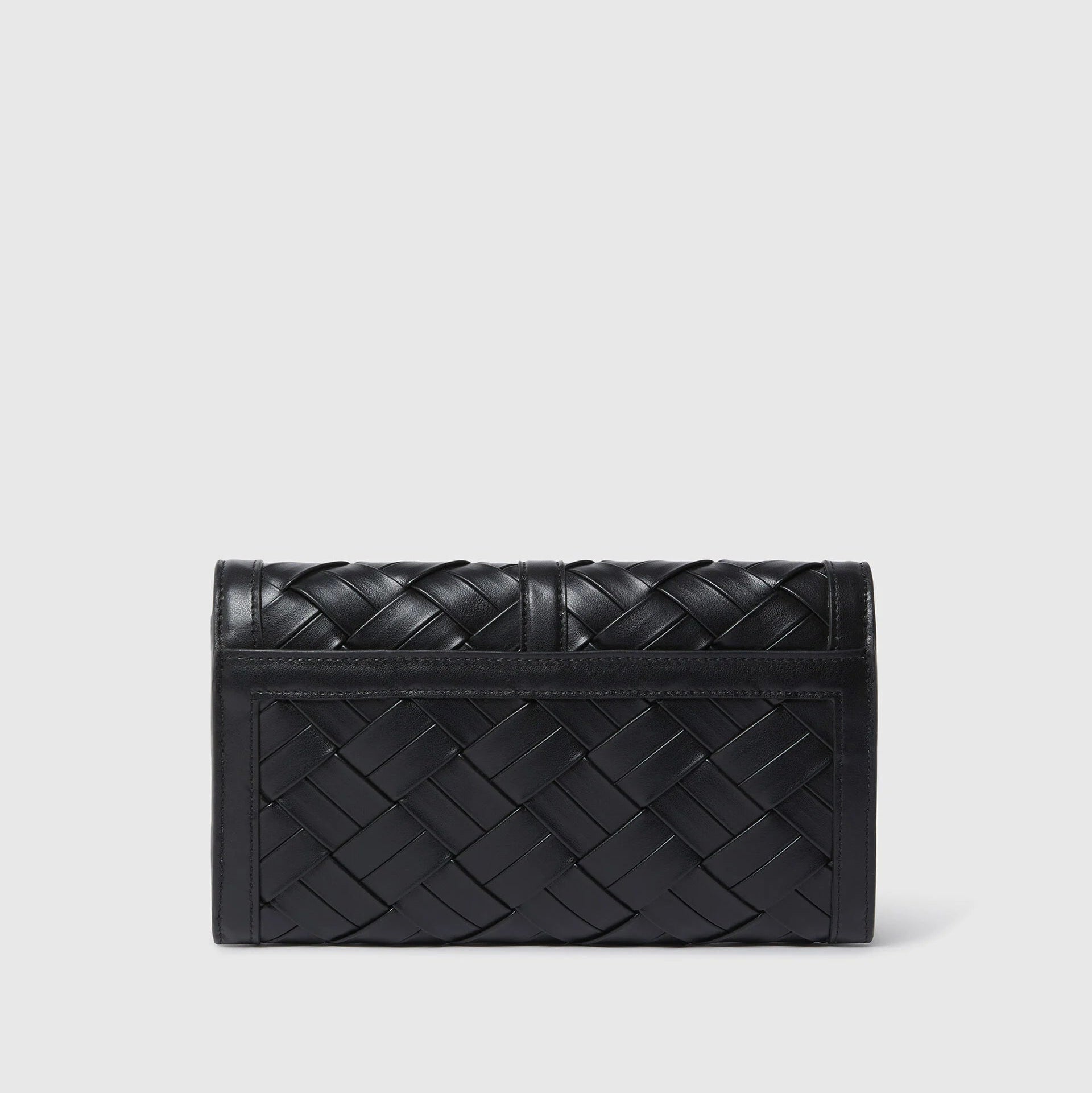 The Stella McCartney Stella Woven Ryder Wallet with Strap features a black woven design and a sleek rectangular shape, shown against a plain light background.
