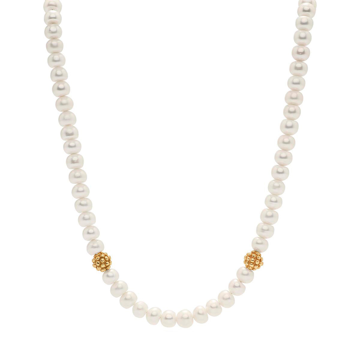 The Juliska Capucine De Wulf Berry Single Strand Necklace features lustrous white pearls with two gold bead accents, evenly spaced for a classic look, shown on a white background.