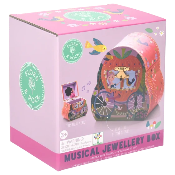 Floss and Rock’s Fairy Tale Carriage Jewelry Box is a pink, gift-boxed set designed like a magical carriage, beautifully decorated with charming animal characters, floral patterns, and the label “Musical Jewellery Box” on the front.