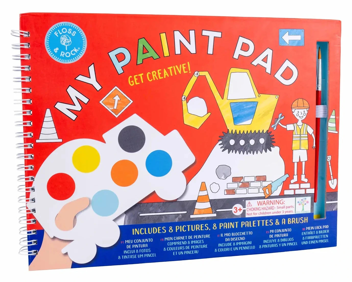 The Floss and Rock “My Painting Construction” art kit is a spiral-bound set featuring 8 pictures, truck-shaped paint palettes, and a brush, with construction-themed illustrations on the cover—perfect for painting on the go.