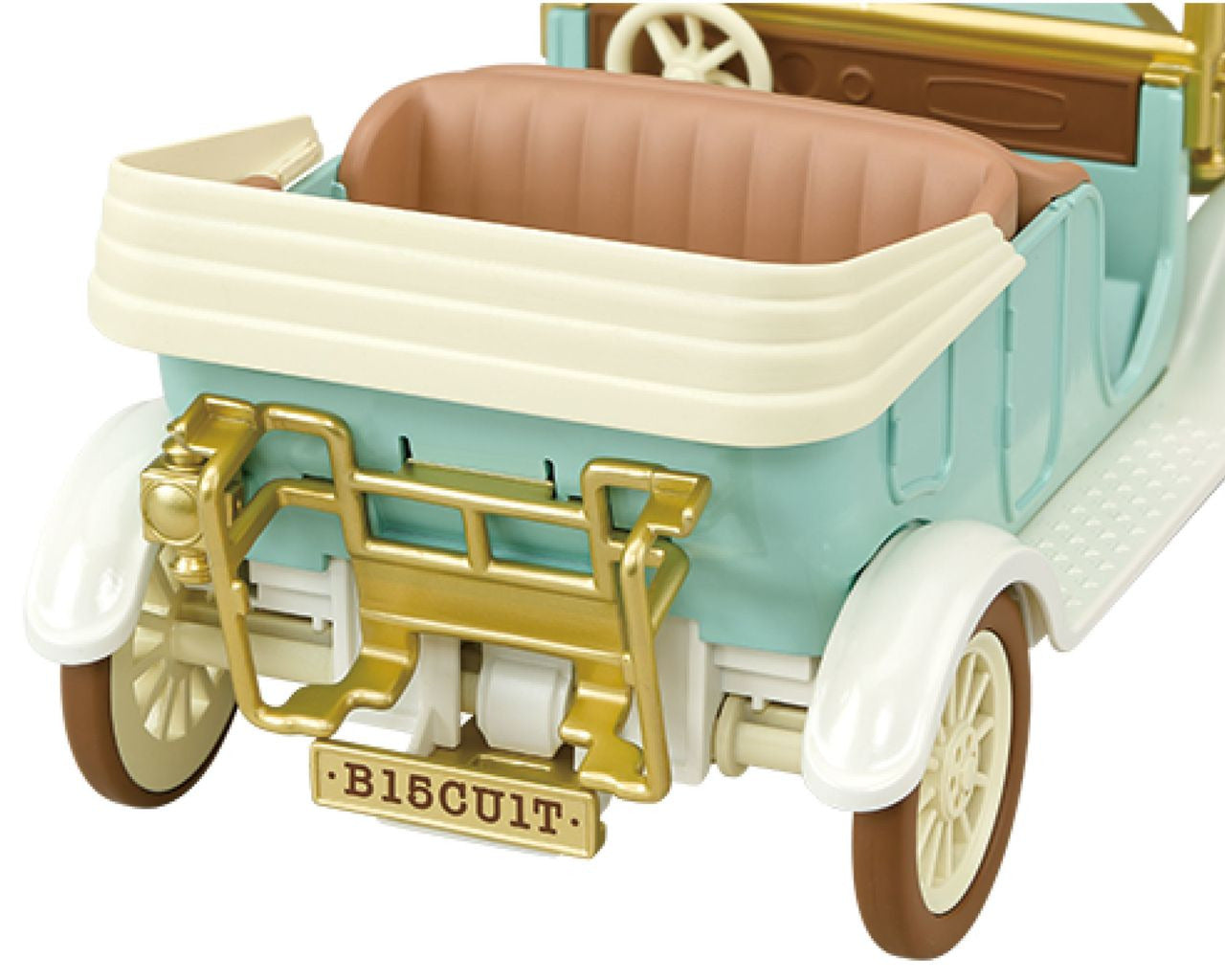 Rear view of the Calico Critters Classic Family Car, featuring a brown 10-figure seat, gold details, and a license plate that reads “B16CUIT”—perfect for displaying your favorite toy car accessories.