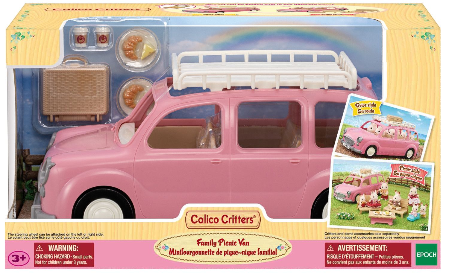 The Calico Critters Family Picnic Van set comes packaged with a pink picnic van, table, picnic accessories, and features delightful toy scene images on the box. Ideal for children ages 3 and up.