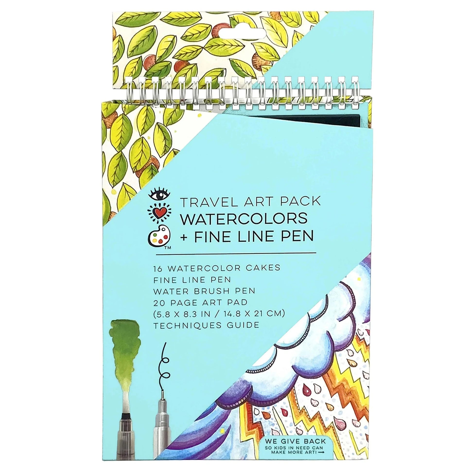 The Bright Stripes Travel Art Pack, Fine Line Water Color Pens includes watercolors, a black line pen, a water brush pen, a 20-page drawing pad, and a techniques guide in a spiral-bound pack with vibrant cover art.