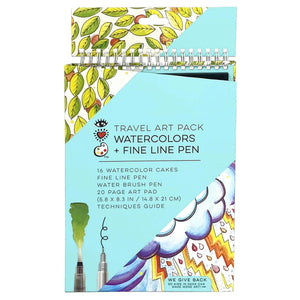 The Bright Stripes Travel Art Pack, Fine Line Water Color Pens includes watercolors, a black line pen, a water brush pen, a 20-page drawing pad, and a techniques guide in a spiral-bound pack with vibrant cover art.