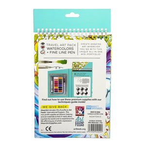 Back of Bright Stripes Travel Art Pack with Fine Line Water Color Pens showing watercolors, drawing pad, black line pen, product info, usage instructions, and a note about charitable contributions.