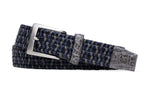 Woven blue W. Kleinberg solid stretch belt with a silver buckle and genuine crocodile leather accents.