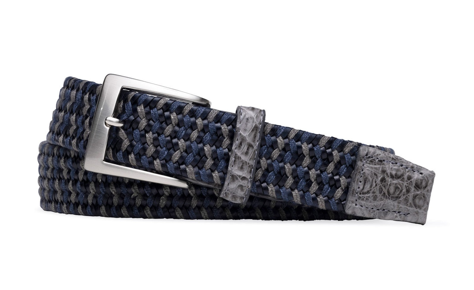 Woven blue W. Kleinberg solid stretch belt with a silver buckle and genuine crocodile leather accents.