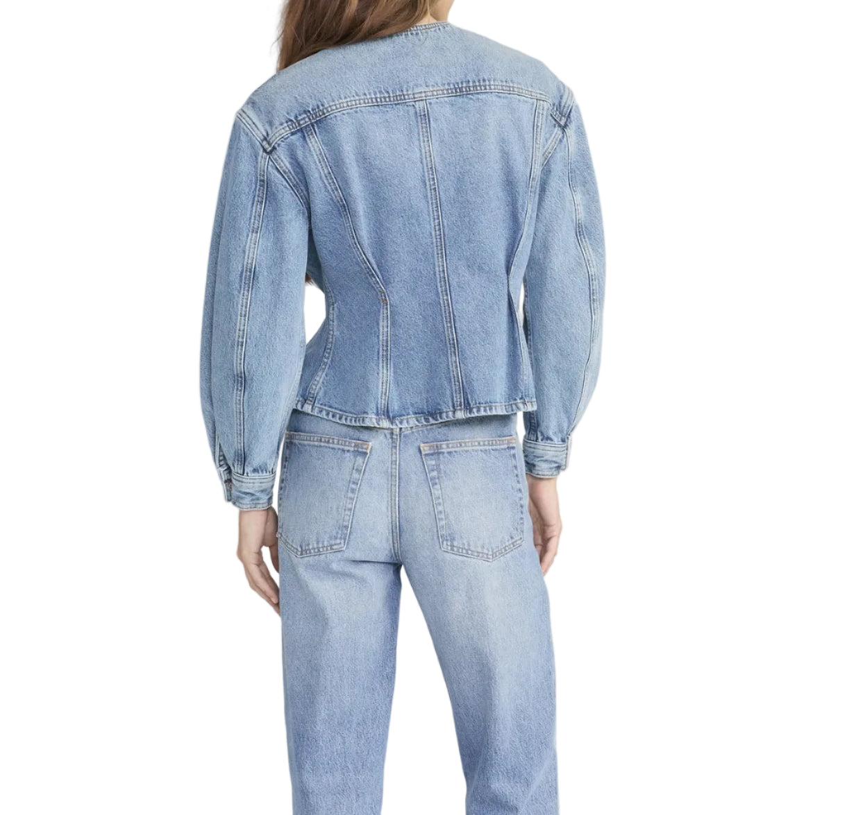 Model wearing The Nipped Collarless Jacket by Frame, shown from the back with jeans against a white background.