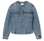 The Nipped Collarless Jacket by Frame is a blue cotton denim piece featuring long sleeves, front button closure, and two flap chest pockets—giving a modern update to classic outerwear.