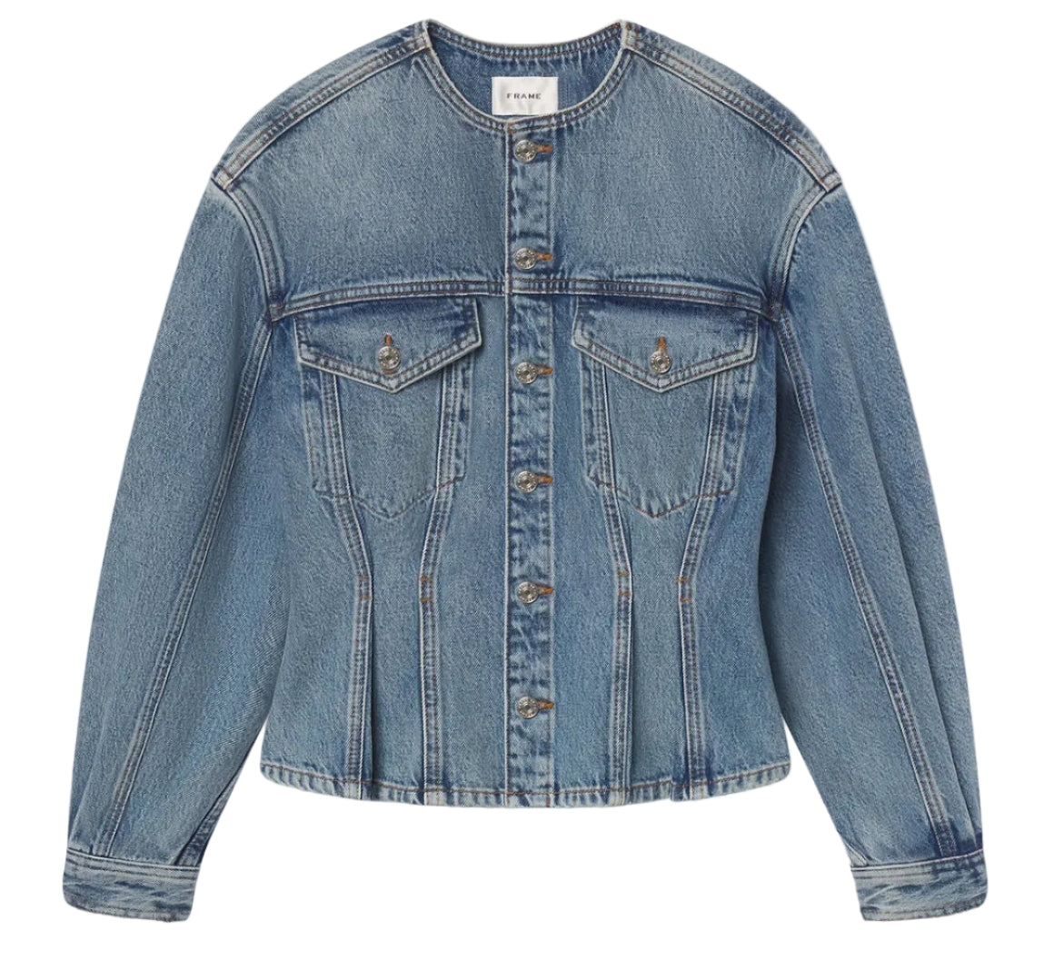 The Nipped Collarless Jacket by Frame is a blue cotton denim piece featuring long sleeves, front button closure, and two flap chest pockets—giving a modern update to classic outerwear.