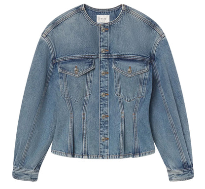 The Nipped Collarless Jacket by Frame is a blue cotton denim piece featuring long sleeves, front button closure, and two flap chest pockets—giving a modern update to classic outerwear.