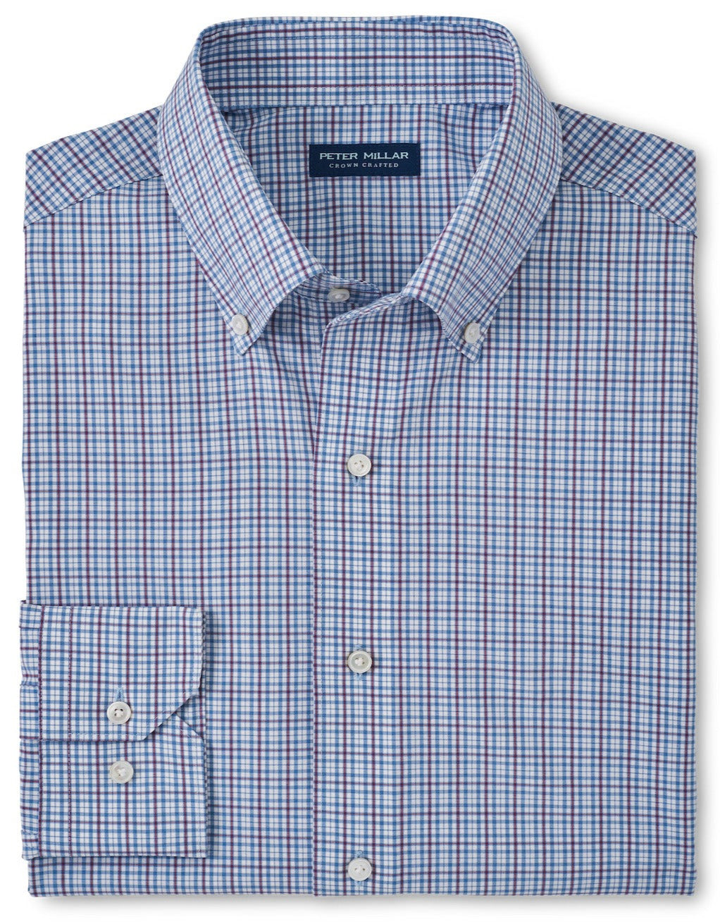 A neatly folded Peter Millar Fitch Performance Poplin Sport Shirt, featuring a blue checkered pattern, button-down collar, and long sleeves. Designed for ultimate comfort with two-way stretch fabric. The label reads "Peter Millar.