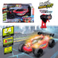 Maisto R/C WhipFlash Light-up Buggy and remote, featuring a light-up body, 2.4 GHz control, flashing lights, and an extreme turning ratio for high-speed buggy performance—shown both in packaging and racing on a futuristic track backdrop.