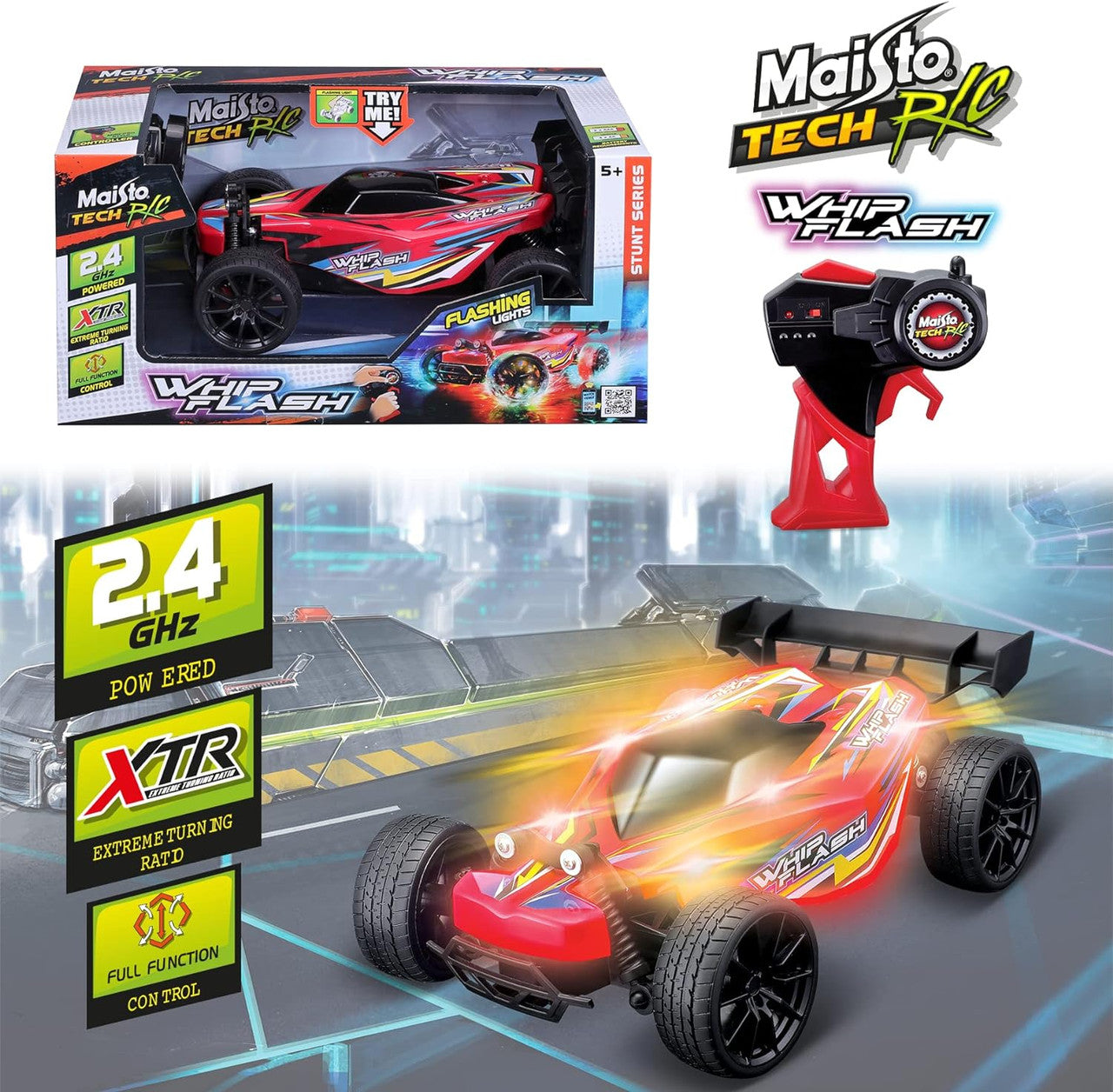 Maisto R/C WhipFlash Light-up Buggy and remote, featuring a light-up body, 2.4 GHz control, flashing lights, and an extreme turning ratio for high-speed buggy performance—shown both in packaging and racing on a futuristic track backdrop.