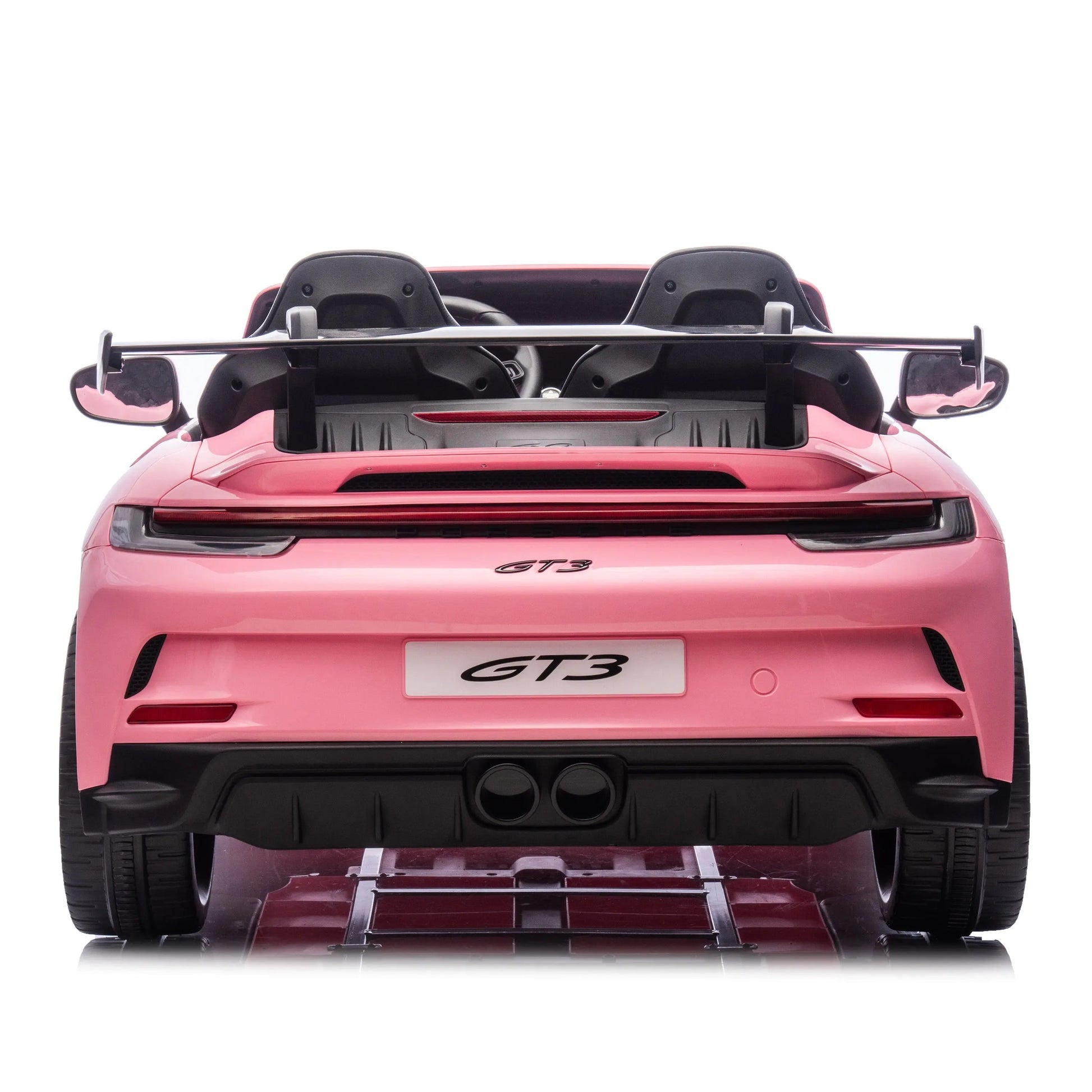 Rear view of the Freddo 24V Porsche 911 GT3 Pink 2 Seater Ride-On, featuring two seats, a rear spoiler, and “GT3” labels on the back and license plate. This stylish kids’ electric car is perfect for young drivers looking to cruise in style.