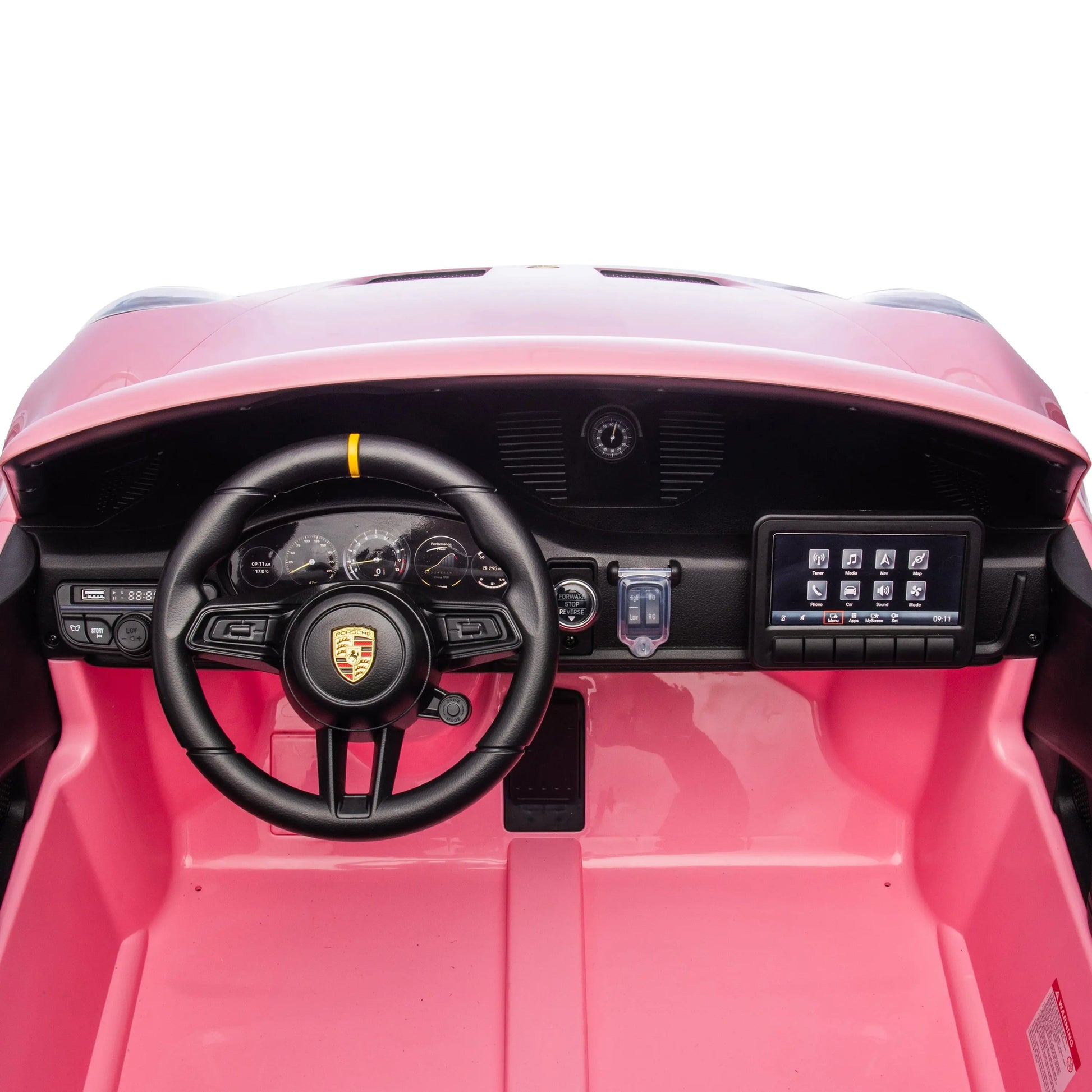 The dashboard of the Freddo 24V Porsche 911 GT3 Pink 2 Seater Ride-On features a steering wheel, dashboard controls, gear shifter, and pedals, shown from the driver’s perspective against a white background.