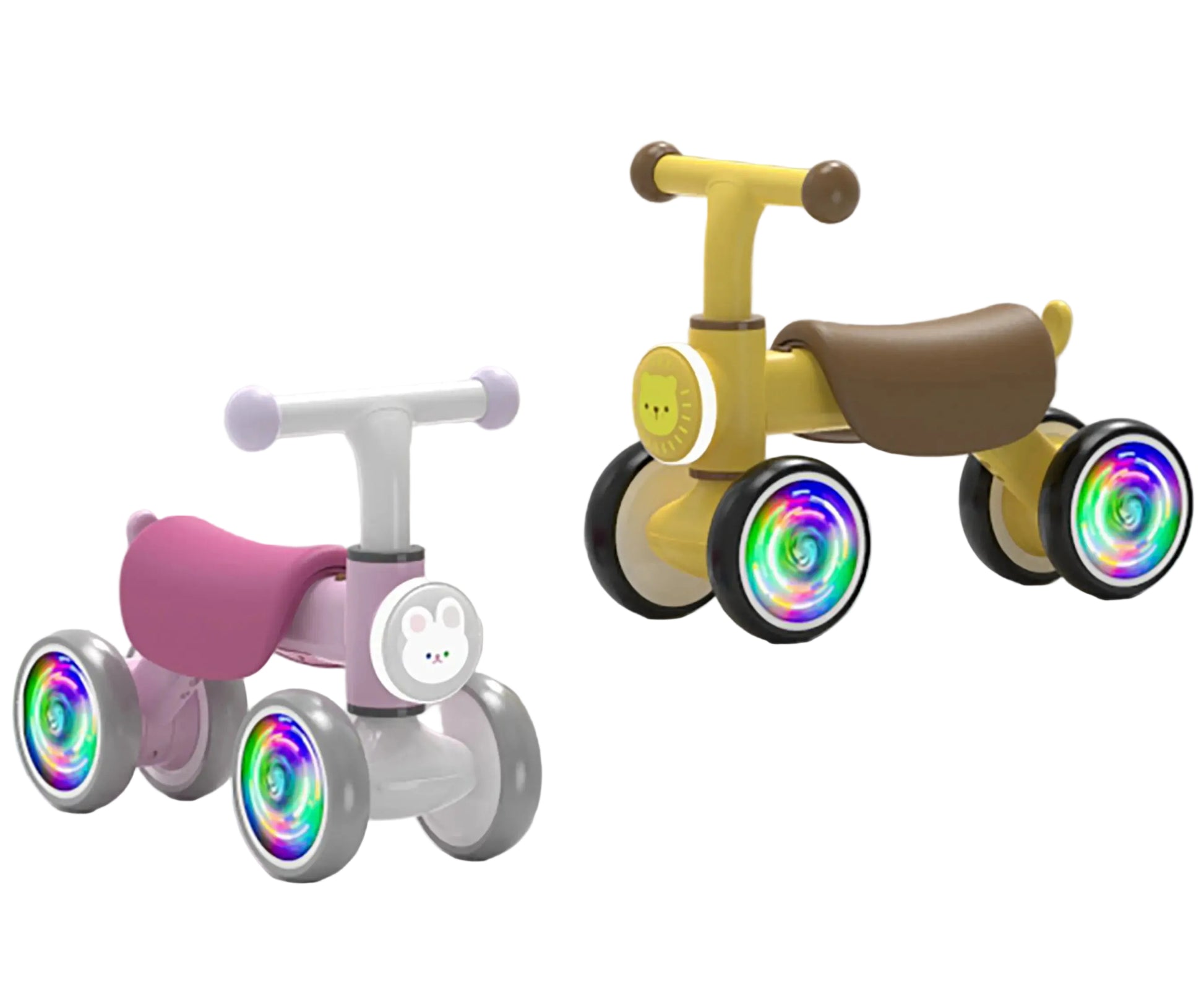 Sure! Here’s the rewritten sentence using your product data: Two Freddo Nature Navigator Balance Bikes for toddlers, each with four wheels—one in white and pink featuring a bunny face, and the other in yellow and brown with a bear face. Both interactive bikes have multicolored LED wheel lights to make playtime extra fun.