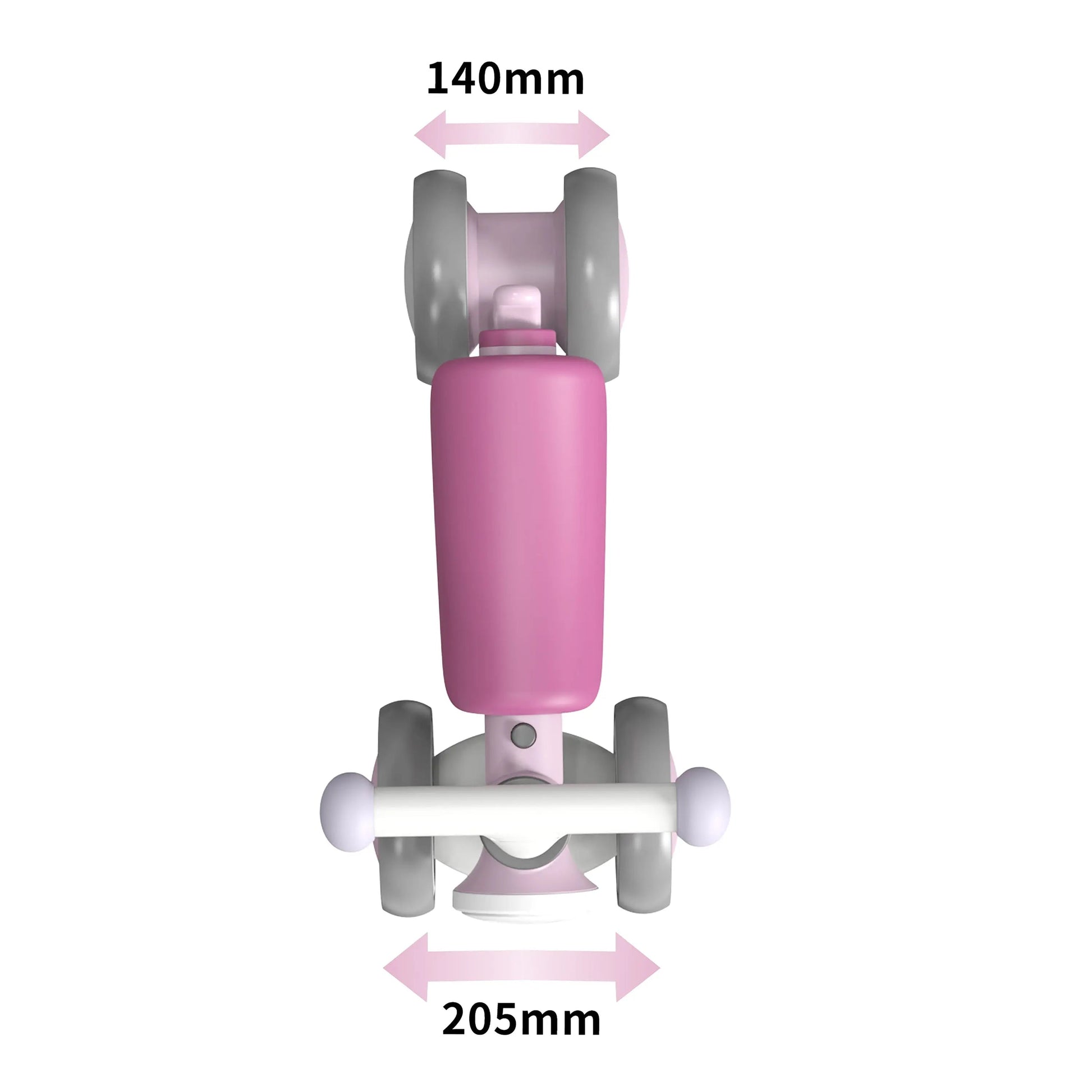 Top view of a Freddo Nature Navigator Balance Bike in pink and gray, showing 140mm wheel width and 205mm handlebar width, both marked with double-headed arrows and labeled measurements.