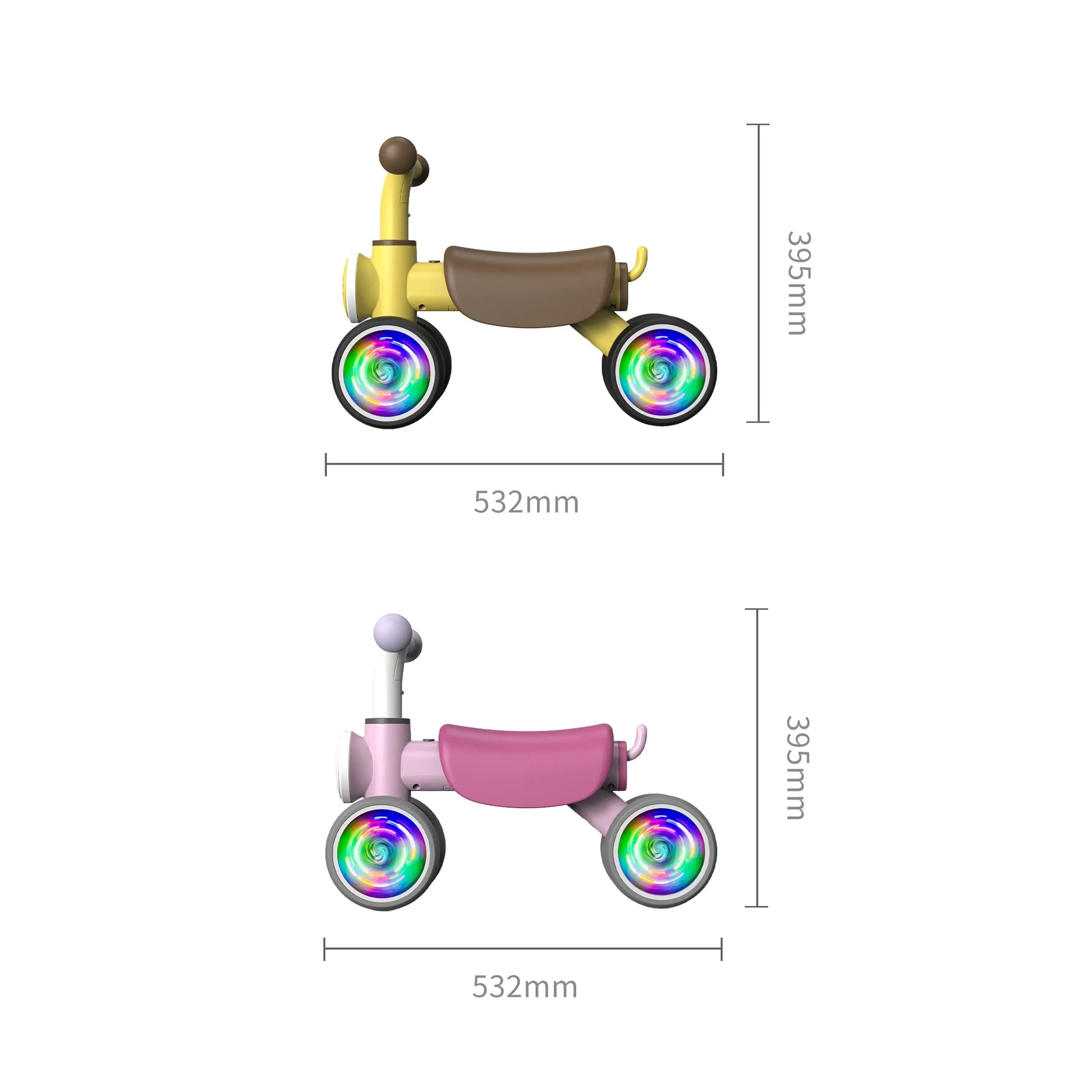 Two Freddo Nature Navigator Balance Bikes, designed for sensory discovery and early adventures, are shown in yellow and pink versions with light-up wheels; each measures 532mm in length and 395mm in height.
