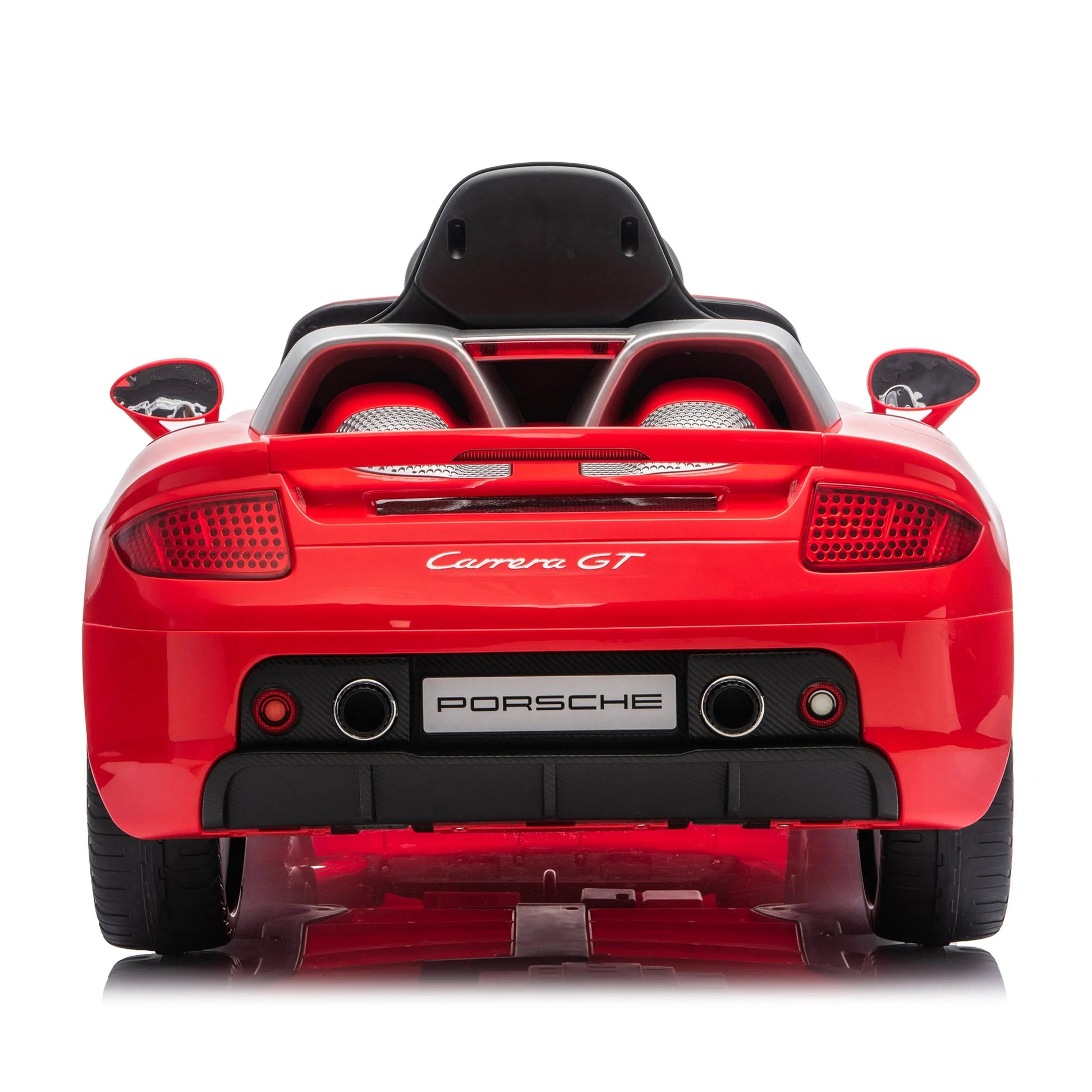 Rear view of a red Freddo 12V Porsche Carrera GT 1 Seater Ride-On toy car with black seats and detailed taillights, showcasing its motorized vehicle design, photographed against a white background.